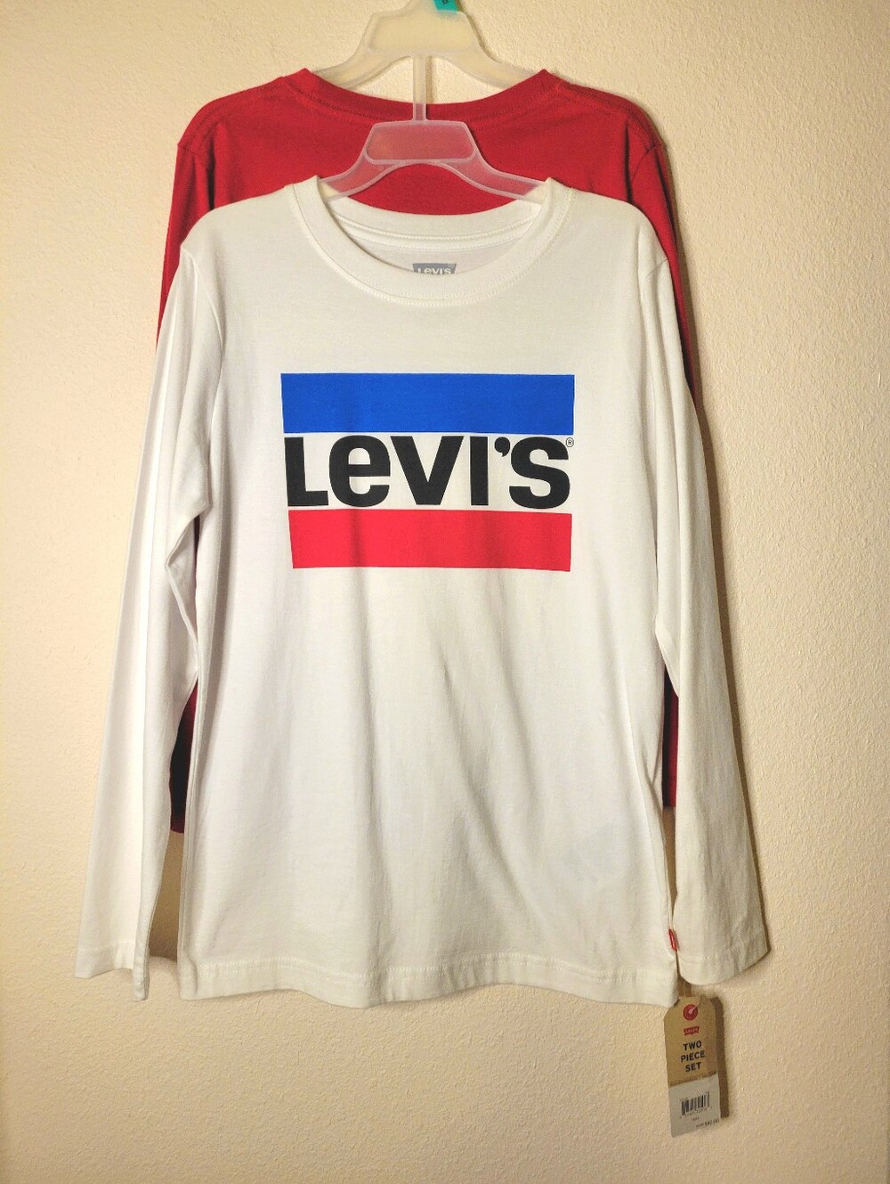 LEVI'S Boys Long Sleeve Tees x2, 10/12  Red/White, EUC and New